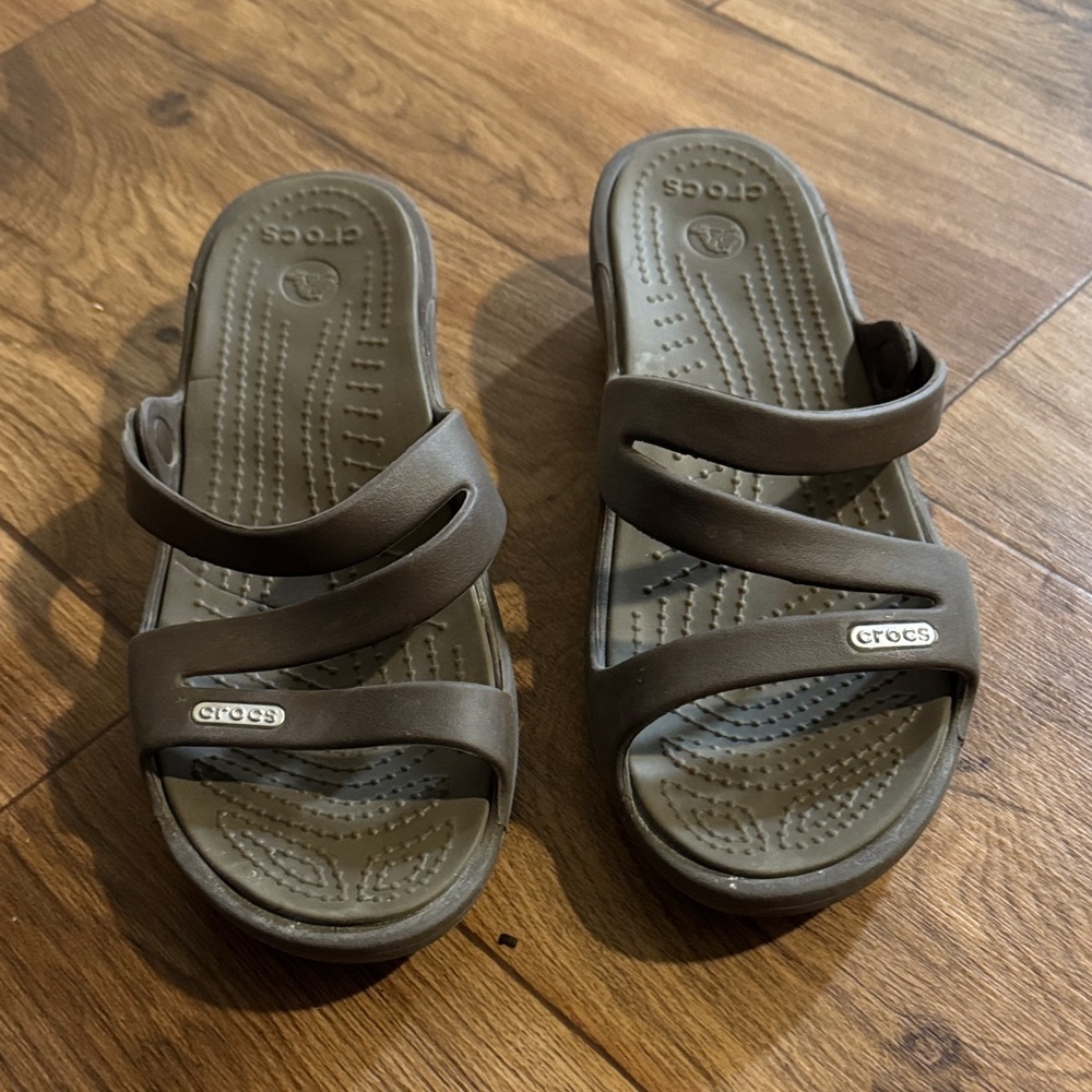 CROCS Brown Triple-Strap Slide Sandals